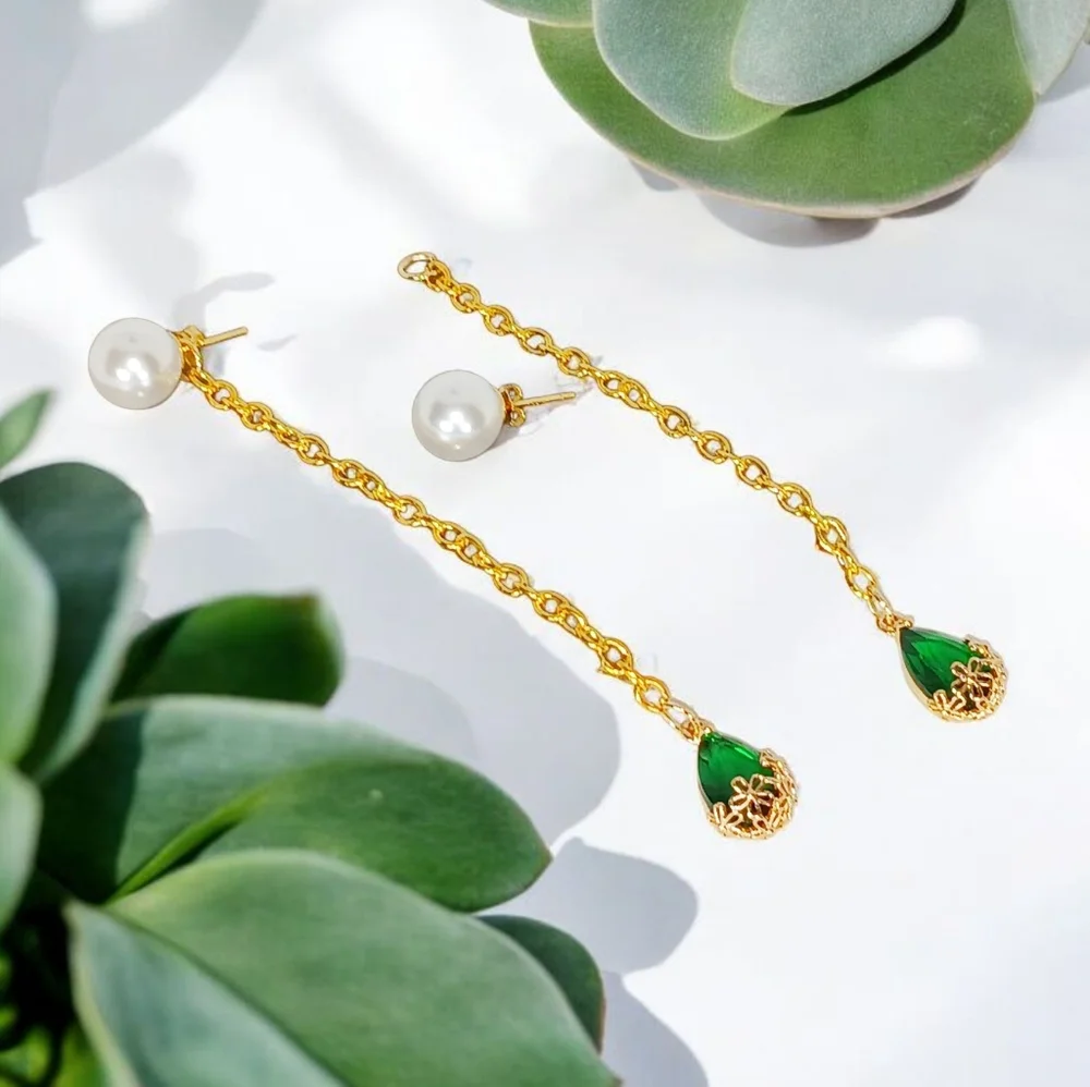Gold Pearl Stud Earrings Linear Drop Emerald Tear Drop Charms Shoulder Dusters